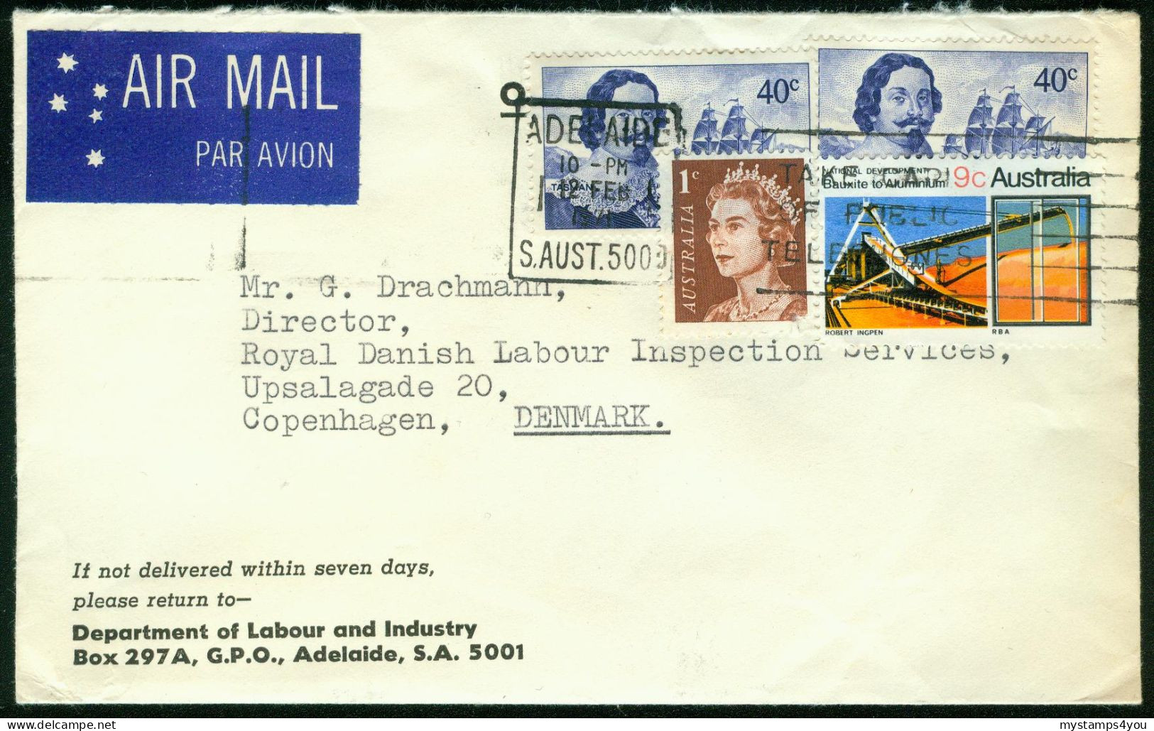 Br Australia, Adelaide 1971 Cover > Denmark (Department Of Labour And Industry) #bel-1048 - Storia Postale