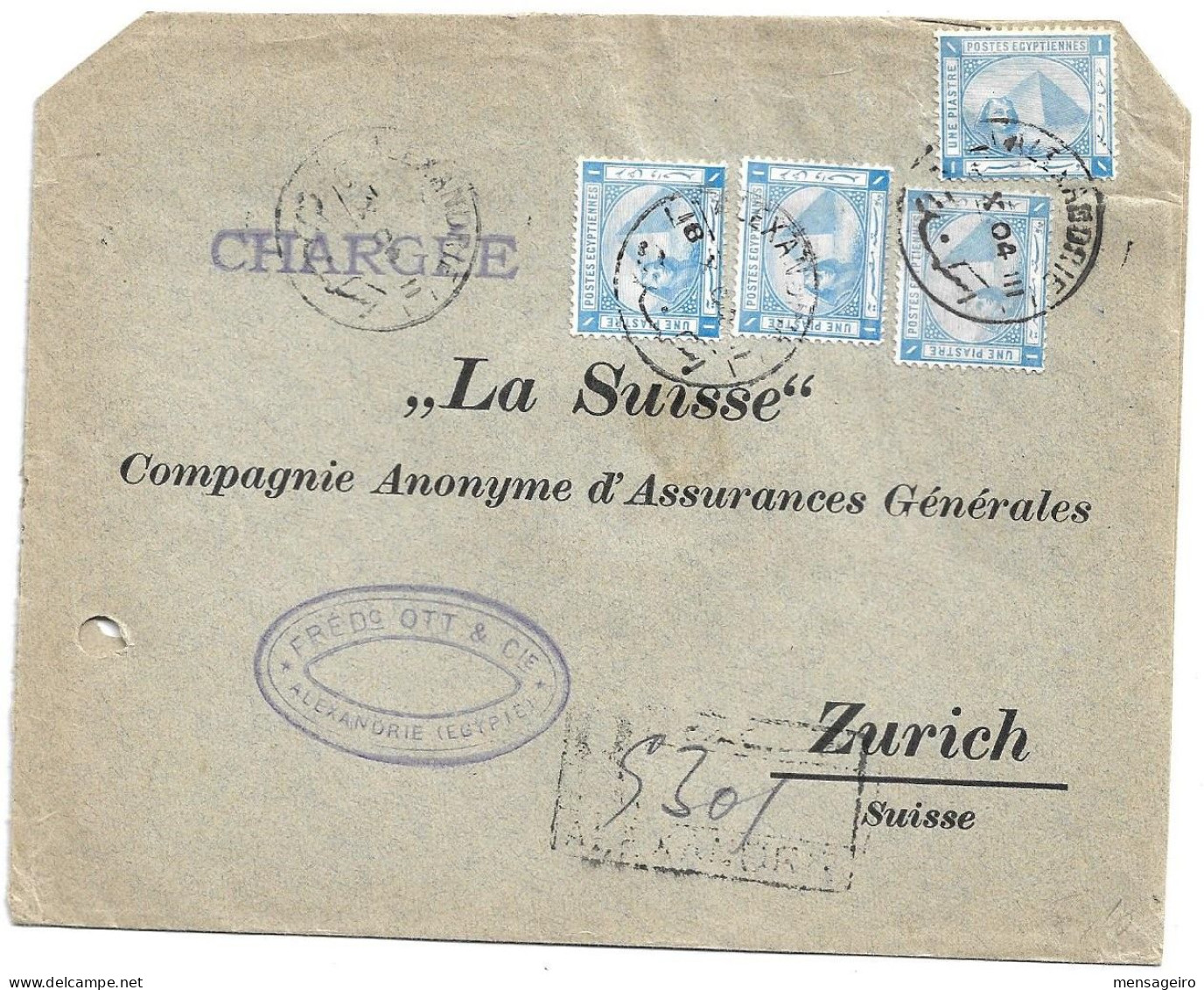 (C04) REGISTRED COVER WITH 1P.  X4 STAMPS - ALEXANDRIE => SWITZERLAND 1904 - 1866-1914 Khedivate Of Egypt