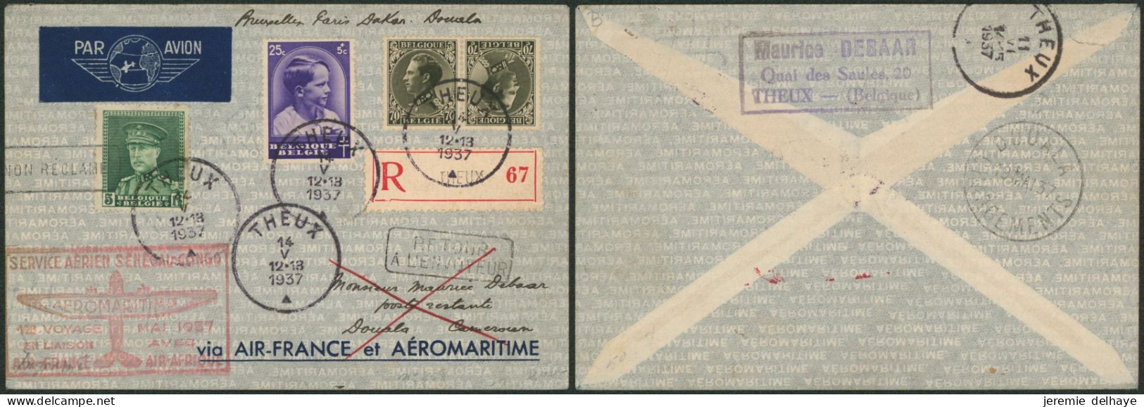Affranch. Mixte Sur Lettre Par Avion En Recommandé De Theux (1937) > Poste Restante Douala (Cameroun)via Aéromaritime - Brieven En Documenten