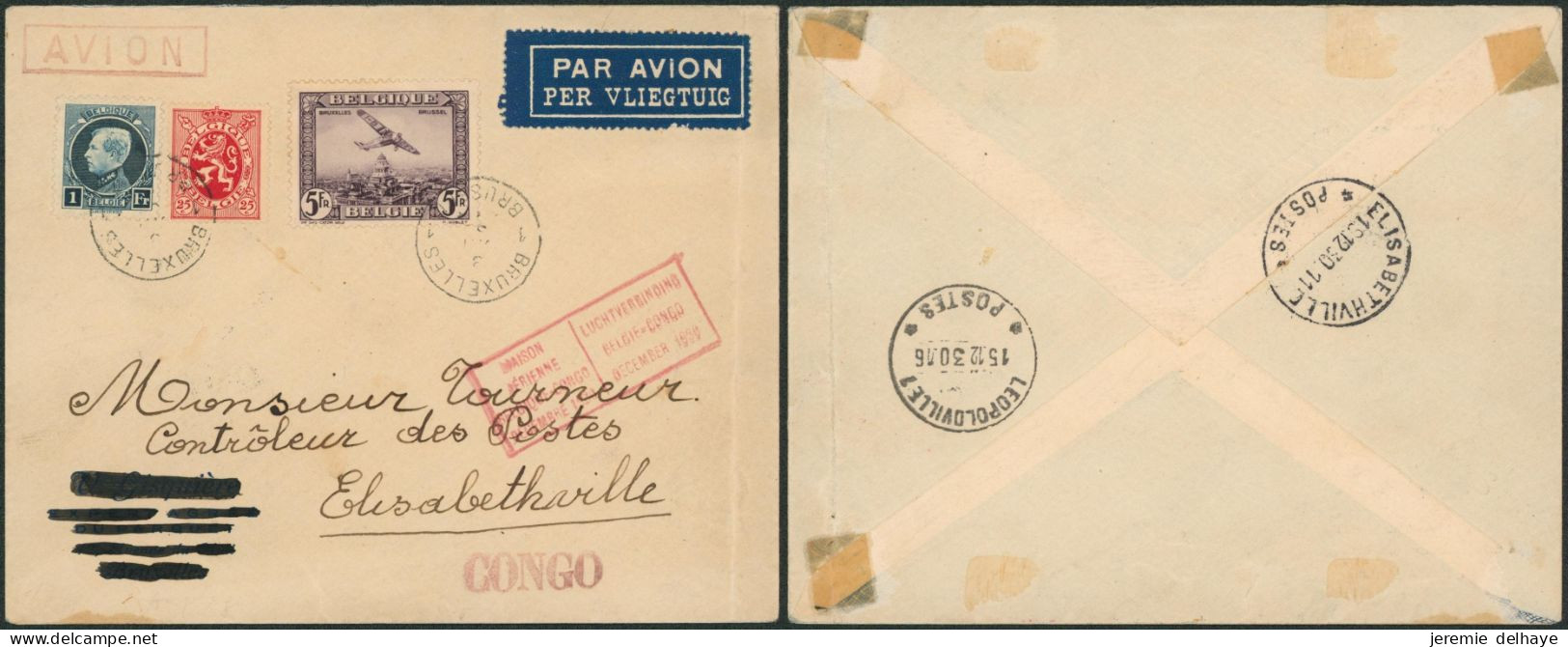Affranch. Mixte Sur Lettre Par Avion De Bruxelles (1930) > Elisabethville (Controleur Des Postes) / Liaison Aérienne - Brieven En Documenten