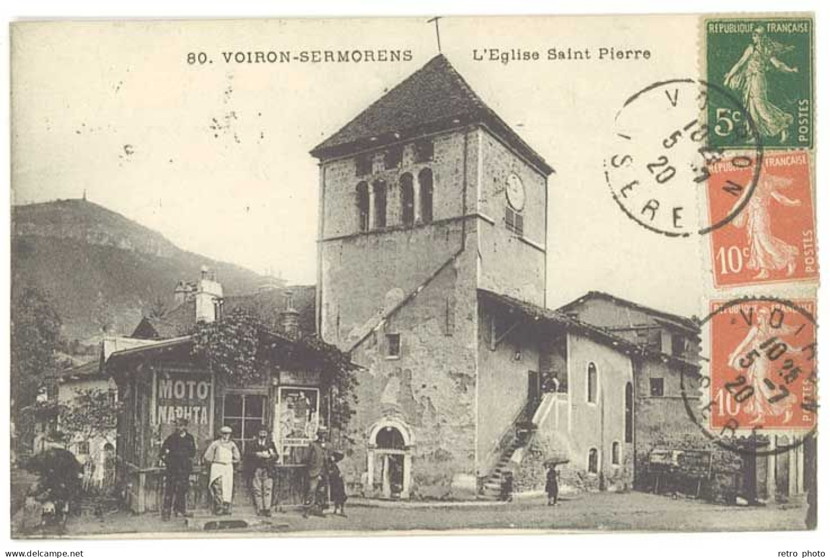 Cpa Voiron Sermorens - L'église Saint-Pierre  ( Garage, PubMoto Naphta ) - Voiron