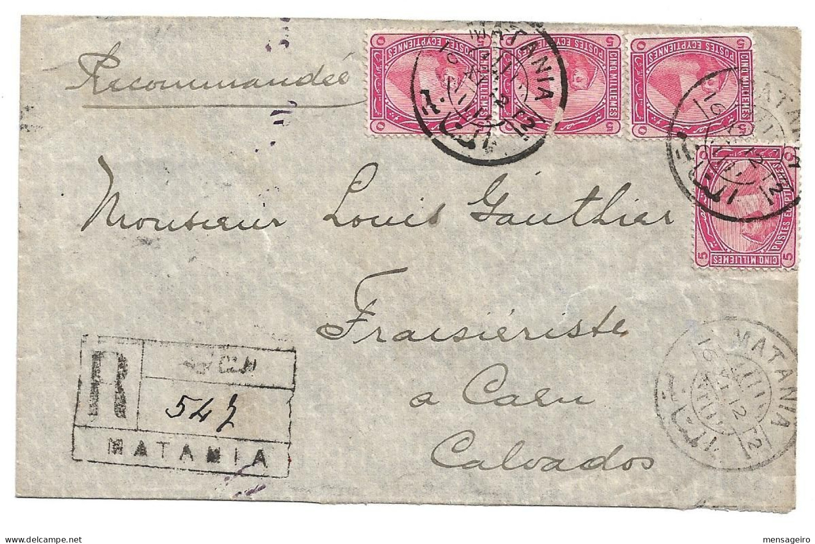 (C04) REGISTRED COVER WITH 5M.  X4 STAMPS - MATANIA => FRANCE 1912 - 1866-1914 Ägypten Khediva