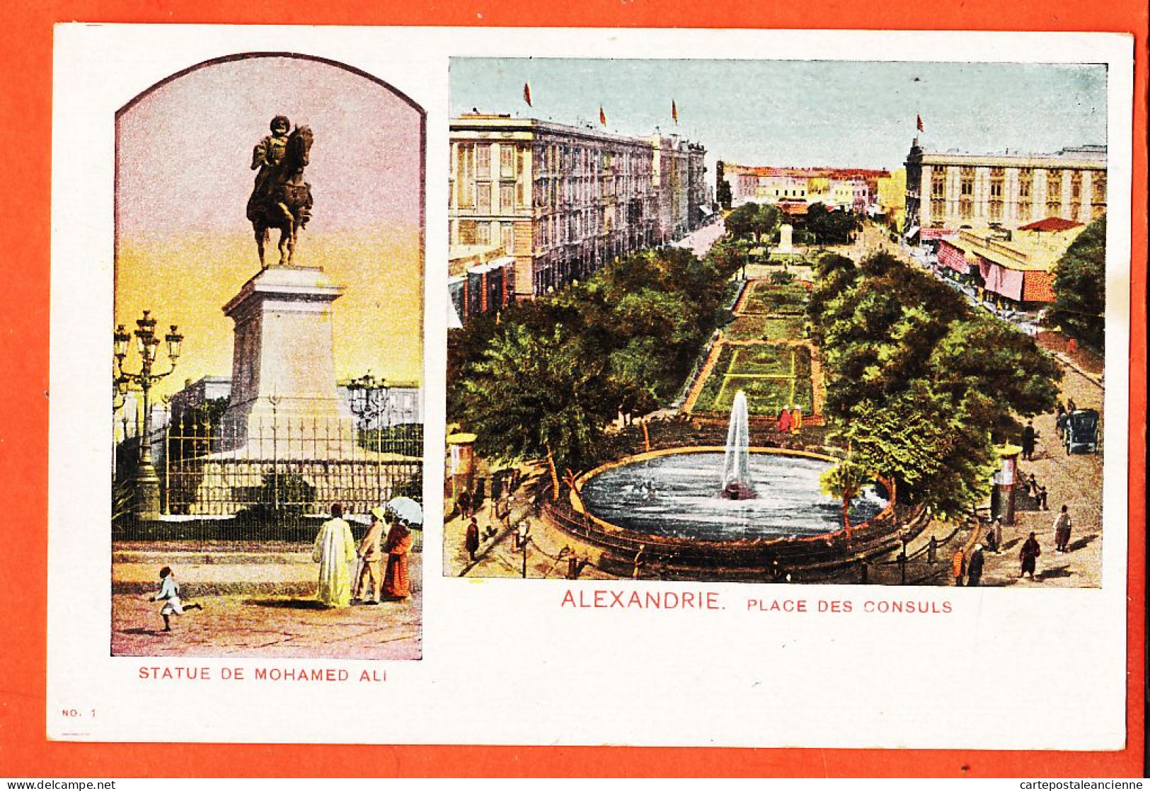 00557 / ⭐ ALEXANDRIE Egypte ◉ 2 Vues Place Des CONSULS Et Statue MOHAMED ALI 1890s Lithographie N° 1 ◉ ALEXANDRIA Egypt - Alexandria
