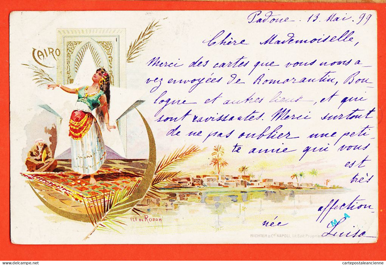 00546 / ⭐ ♥️ Ile De RHODA CAIRO Le Caire ◉  De PADOUE 13 Mai 1899 à AMYOT Rue Condamine Paris Litho RICHTER Napoli - Kairo