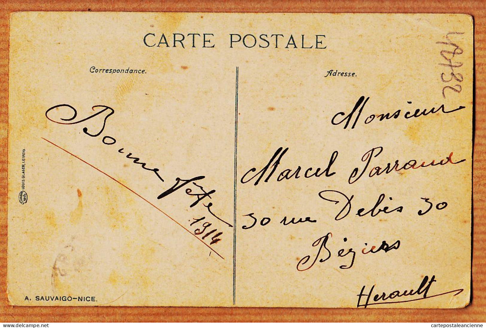 00847 ● MONACO Montée Palais  Monte-Carlo 1914 à Marcel PARRAUD 30 Rue Debes Béziers - SAUVAIGO-NICE Louis GLASER 113 - Terraces