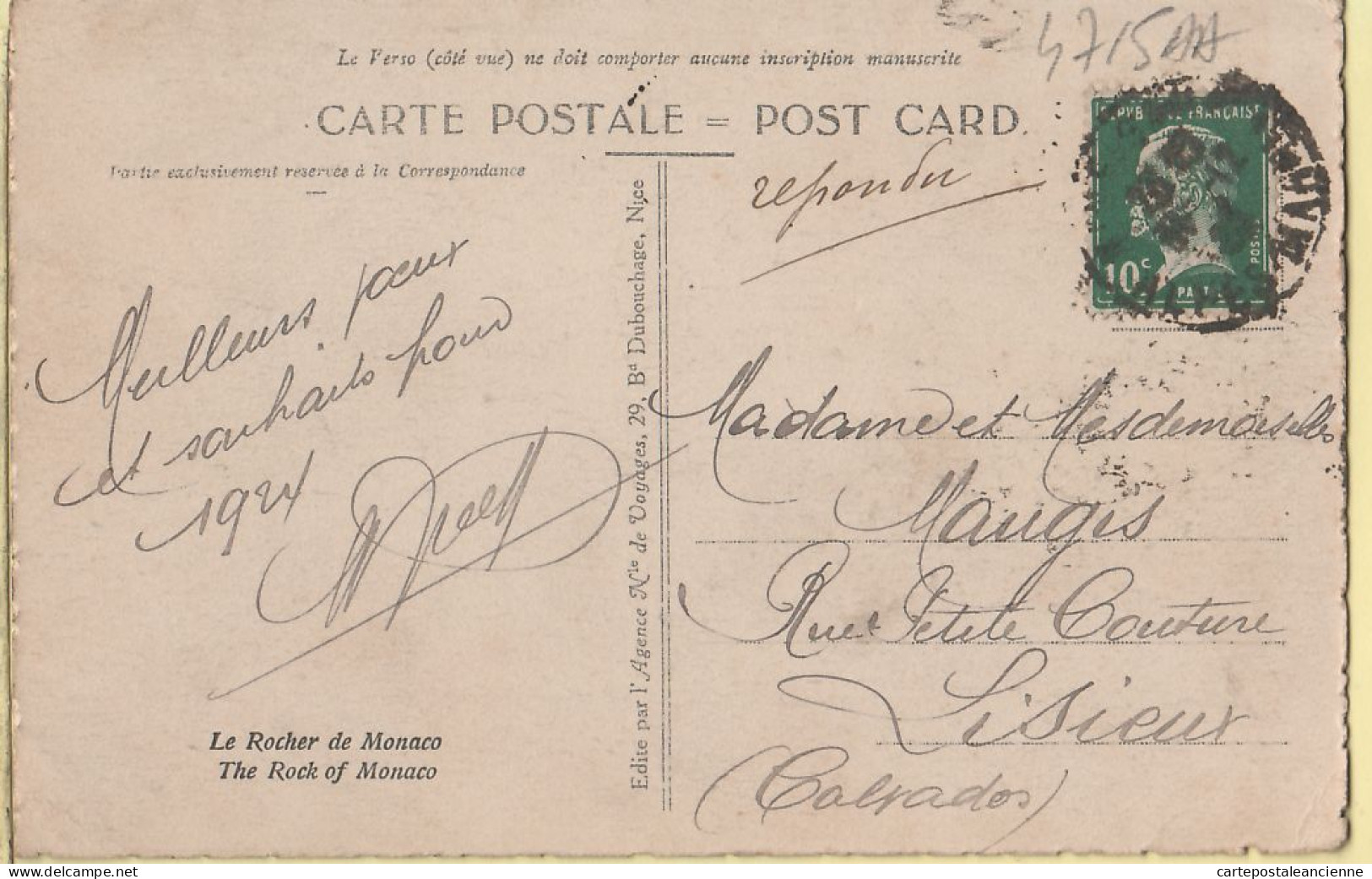 00811 ● MONTE-CARLO Monaco ROCHER ROCK Postée 1920s à MAUGIS Lisieux - Agence Nouvelle De Voyages Bv Dubouchage NICE - Monte-Carlo