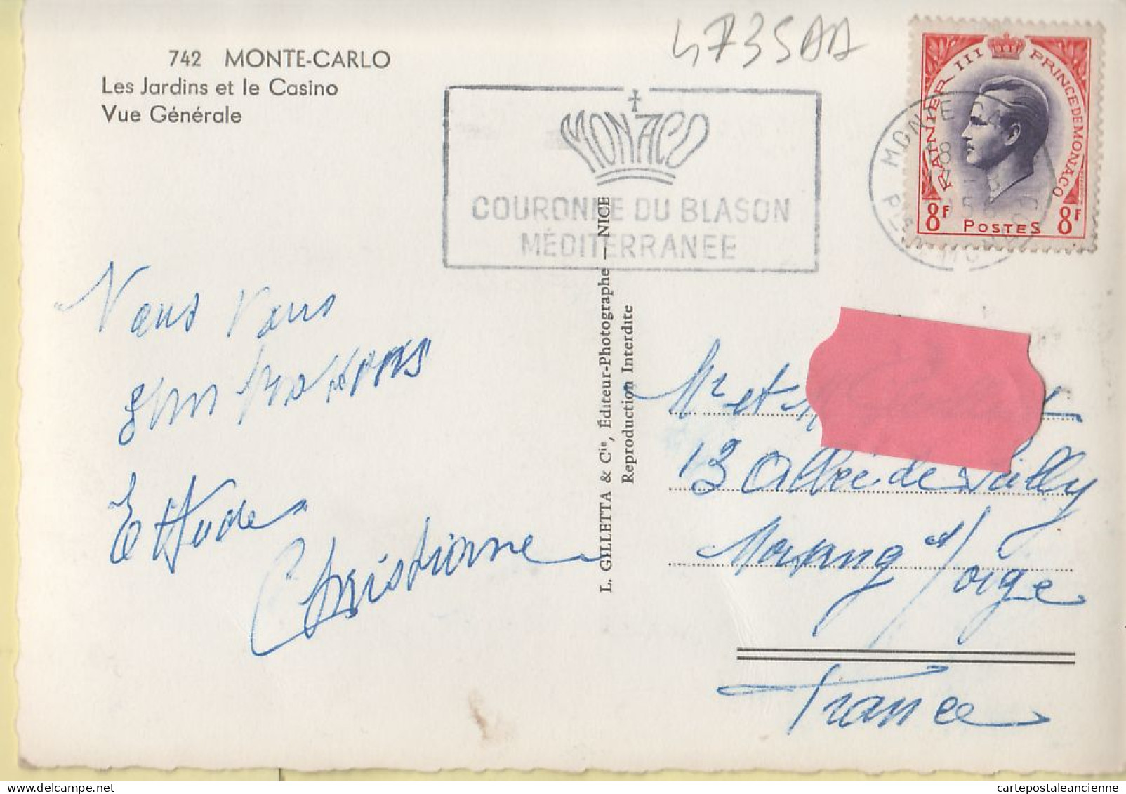 00833 ● Monaco MONTE-CARLO Les Jardins Casino Vue Générale Flamme COURONNE BLASON MEDITERRANEE 17.08.1956 -GILETTA 742 - Panoramische Zichten, Meerdere Zichten