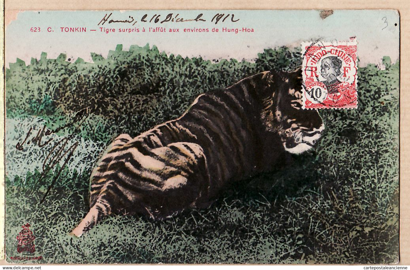 00972 ● HUNG-HOA Indo-Chine TONKIN Tigre Surpris Affut HANOÏ 16 Décembre 1912 à BOUDES Petit Méridional Pamiers Ariège - Vietnam