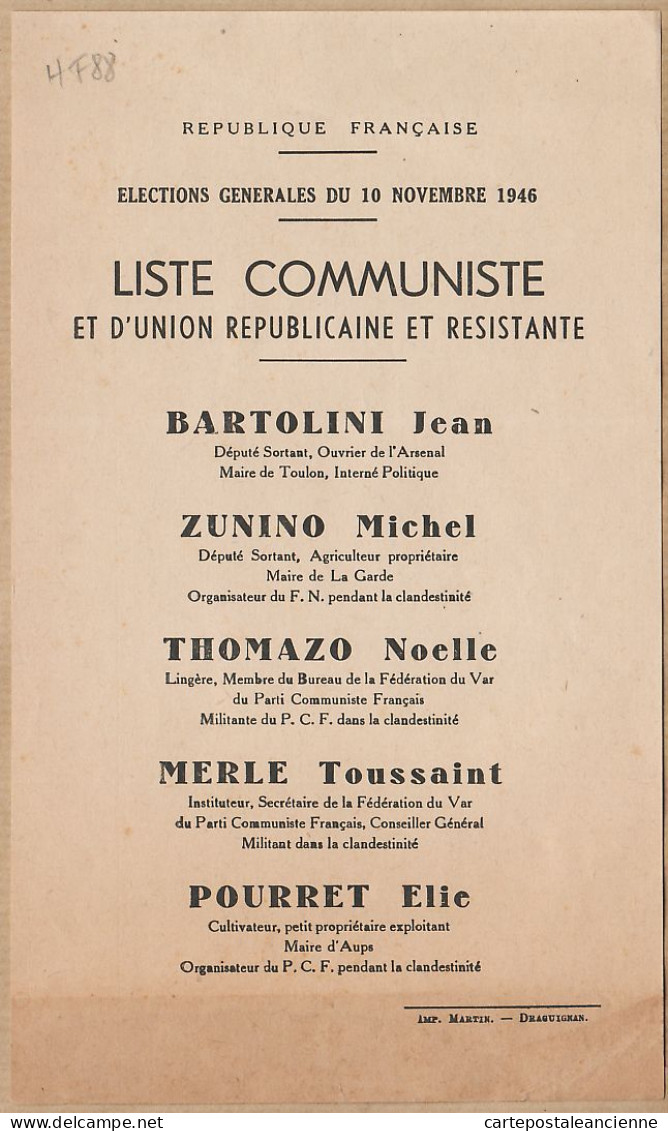 00609 ● Election 10 Novembre 1946 TOULON LISTE COMMUNISTE REPUBLICAINE RESISTANTE- BARTOLINI ZUNINO GAOU POURRET - Posters