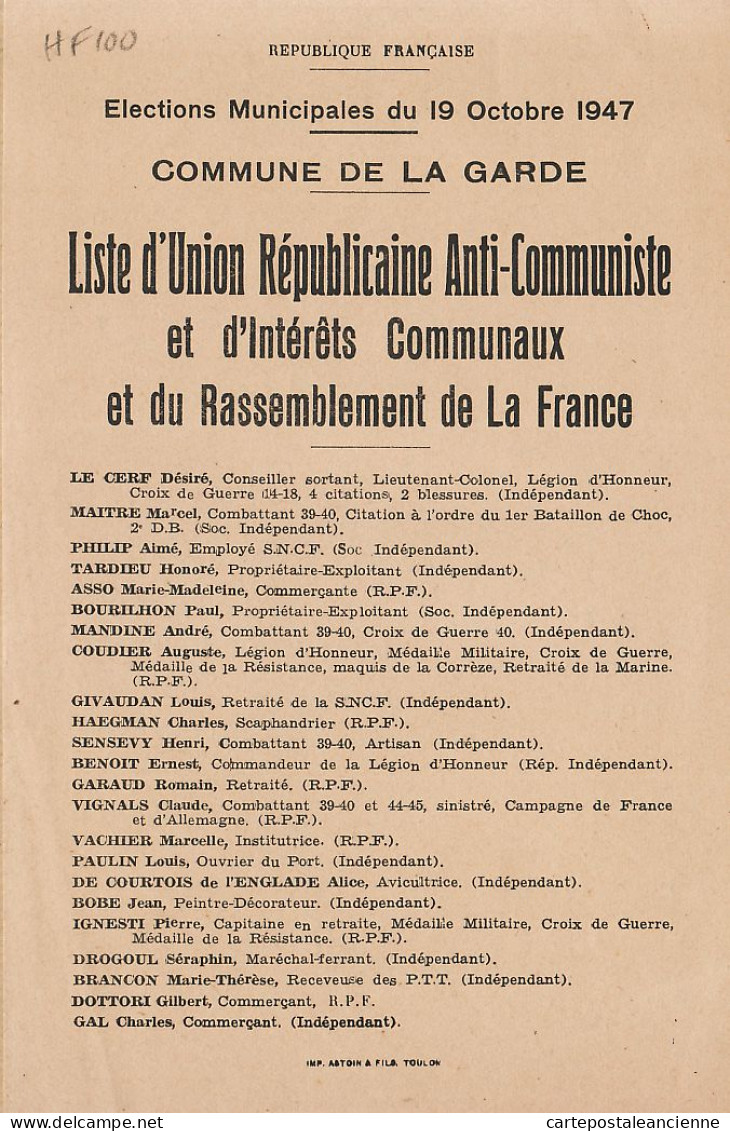 00585 ● Commune LA GARDE Election 19 Octobre 1947 Var LE CERF Liste REPUBLICAINE ANTI-COMMUNISTE HAEGMAN Scaphandrier - Manifesti