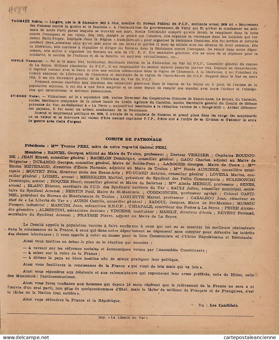 00608 / ⭐ ♥️ Election 02-06-1946 Var Liste COMMUNISTE REPUBLICAINE RESISTANTE-BARTOLINI Toulon ZUNINO La Garde THOMAZO - Posters