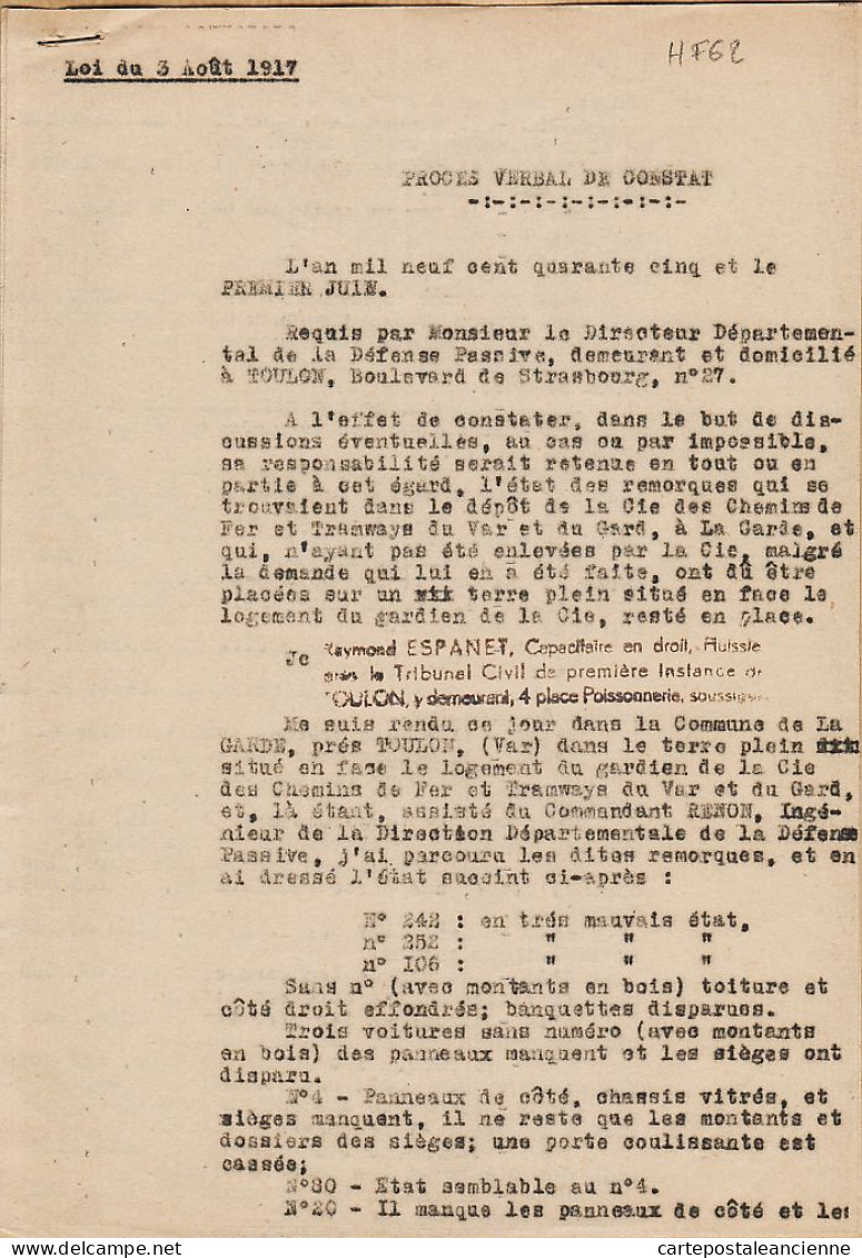 00590 ● LA GARDE Var 01.06.1945 Procès Verbal 3pages ETAT MATERIEL REMORQUE VOITURE Cie TRAMWAYS Chemin Fer Cpaww2 - 1939-45