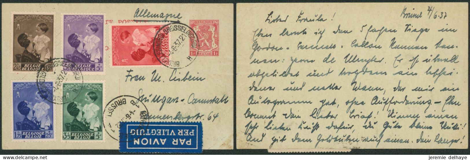 EP Au Type 1F Rouge + N°449/50, 452/54 Par Avion De Bruxelles (1937) > Allemagne / Texte - Covers & Documents