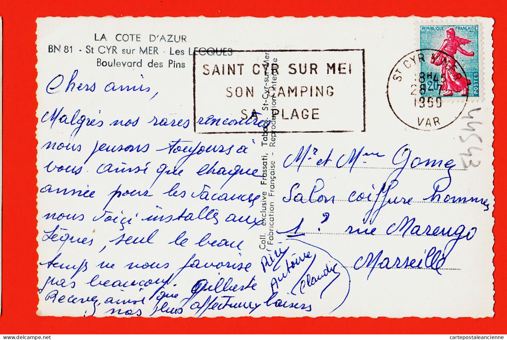 00636 ● SAINT-CYR-sur-MER St Les LECQUES Var Boulevard PINS 1960 à GOMEZ Salon Coiffure Rue Marengo Marseille -FRASSATI - Saint-Cyr-sur-Mer