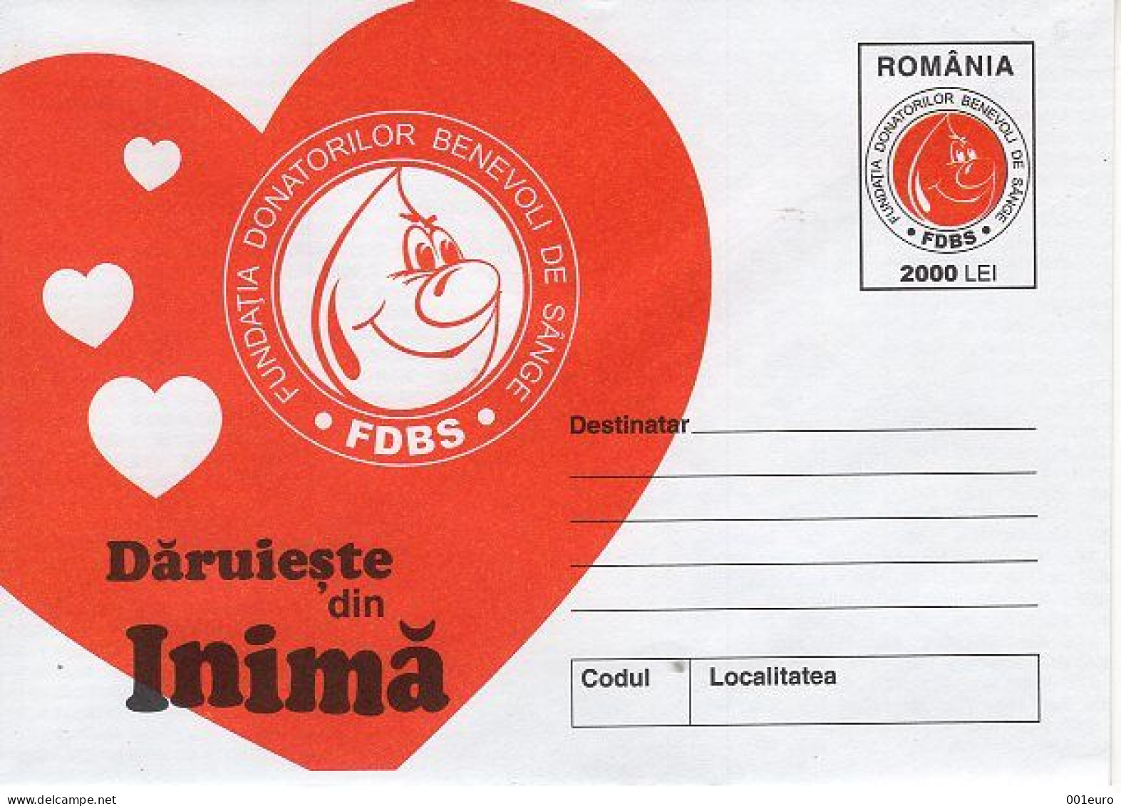 ROMANIA 174x2000: CHARITABLE BLOOD DONATION, Unused Prepaid Postal Stationery Cover - Registered Shipping! - Postal Stationery