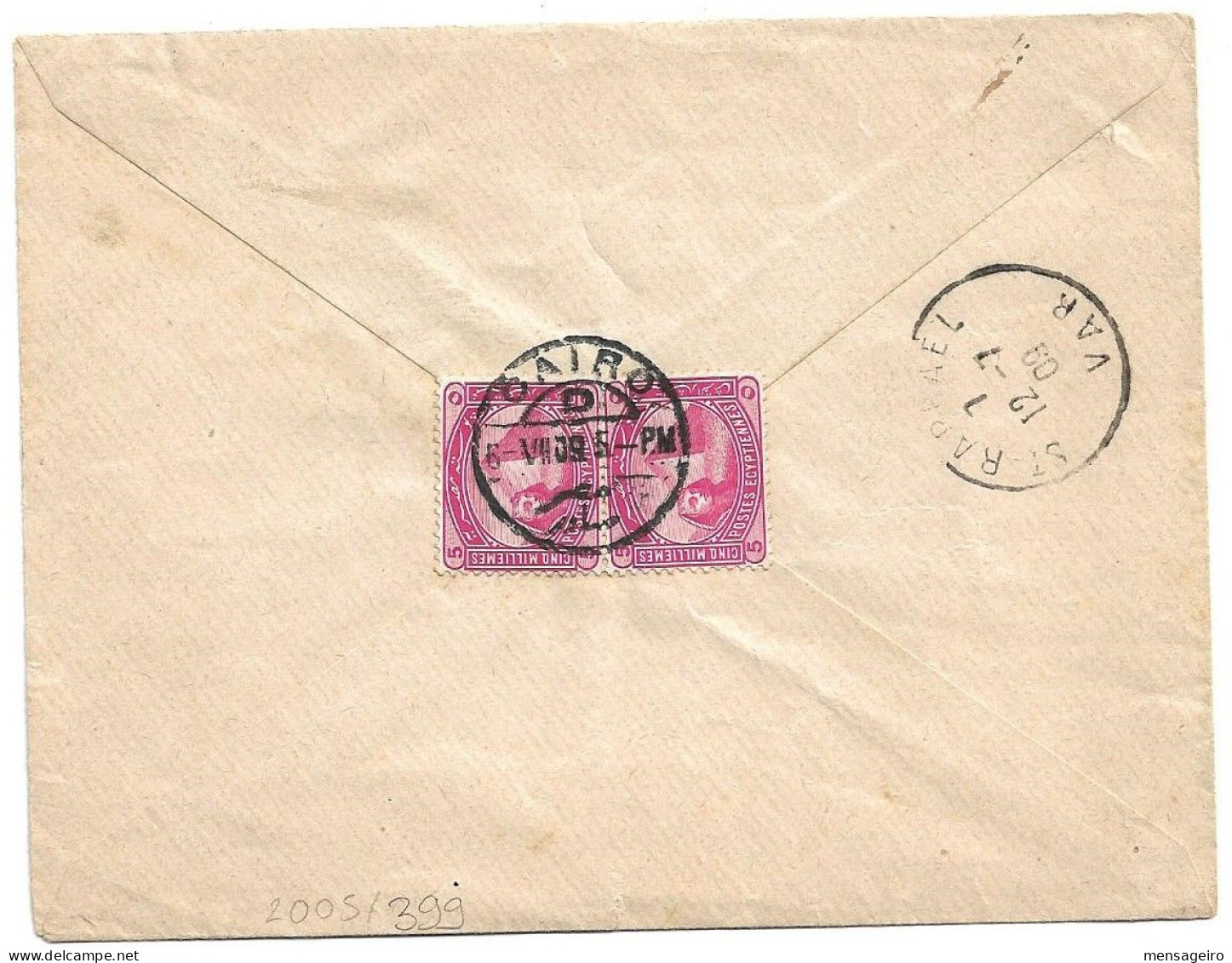 (C04) COVER WITH 5M. X 2 STAMPS - CAIRO / D => FRANCE 1909 - 1866-1914 Ägypten Khediva