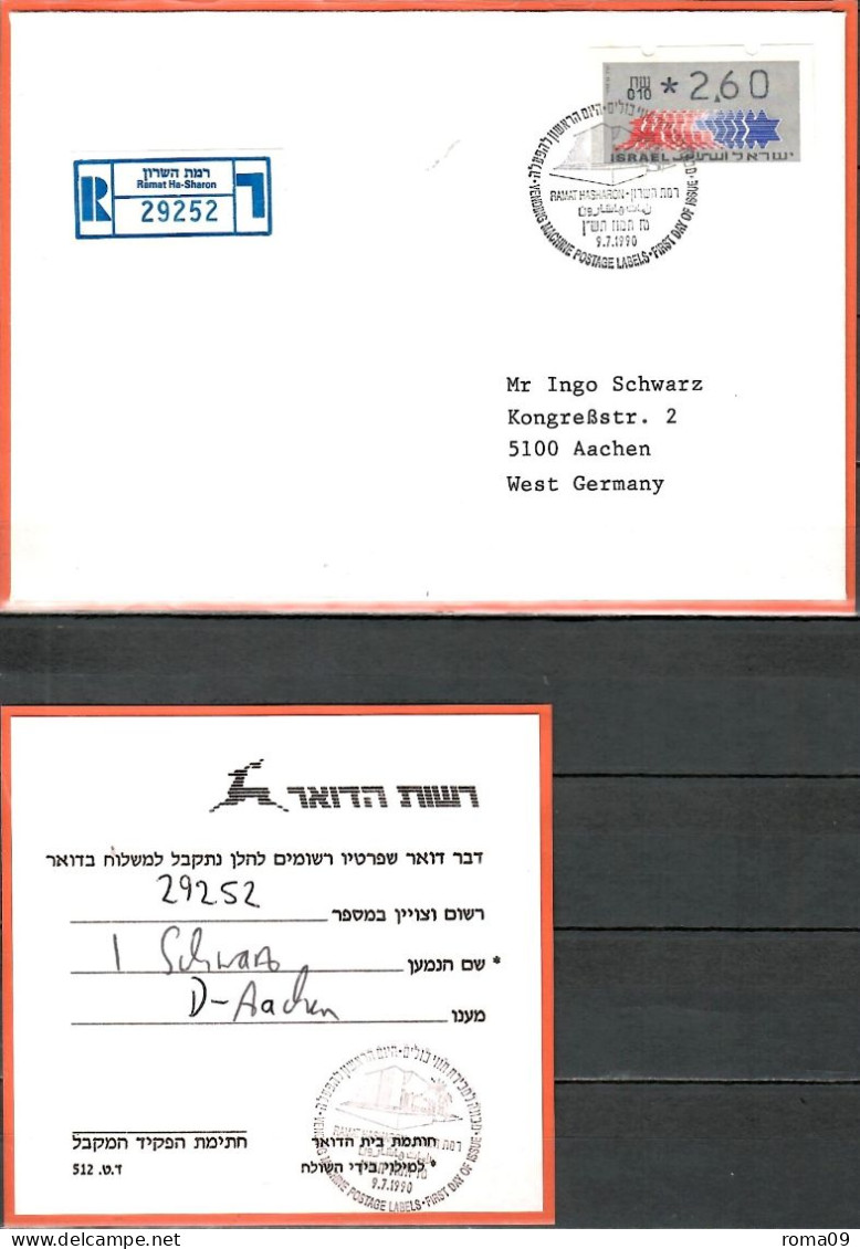 Israel, ATM (Klüssendorf) FDC; MiNr. 3; 2,60 NIS; Auf Brief / Einschreiben (mit Einlieferungsschein) Nach Aachen; B-285 - Affrancature Meccaniche/Frama