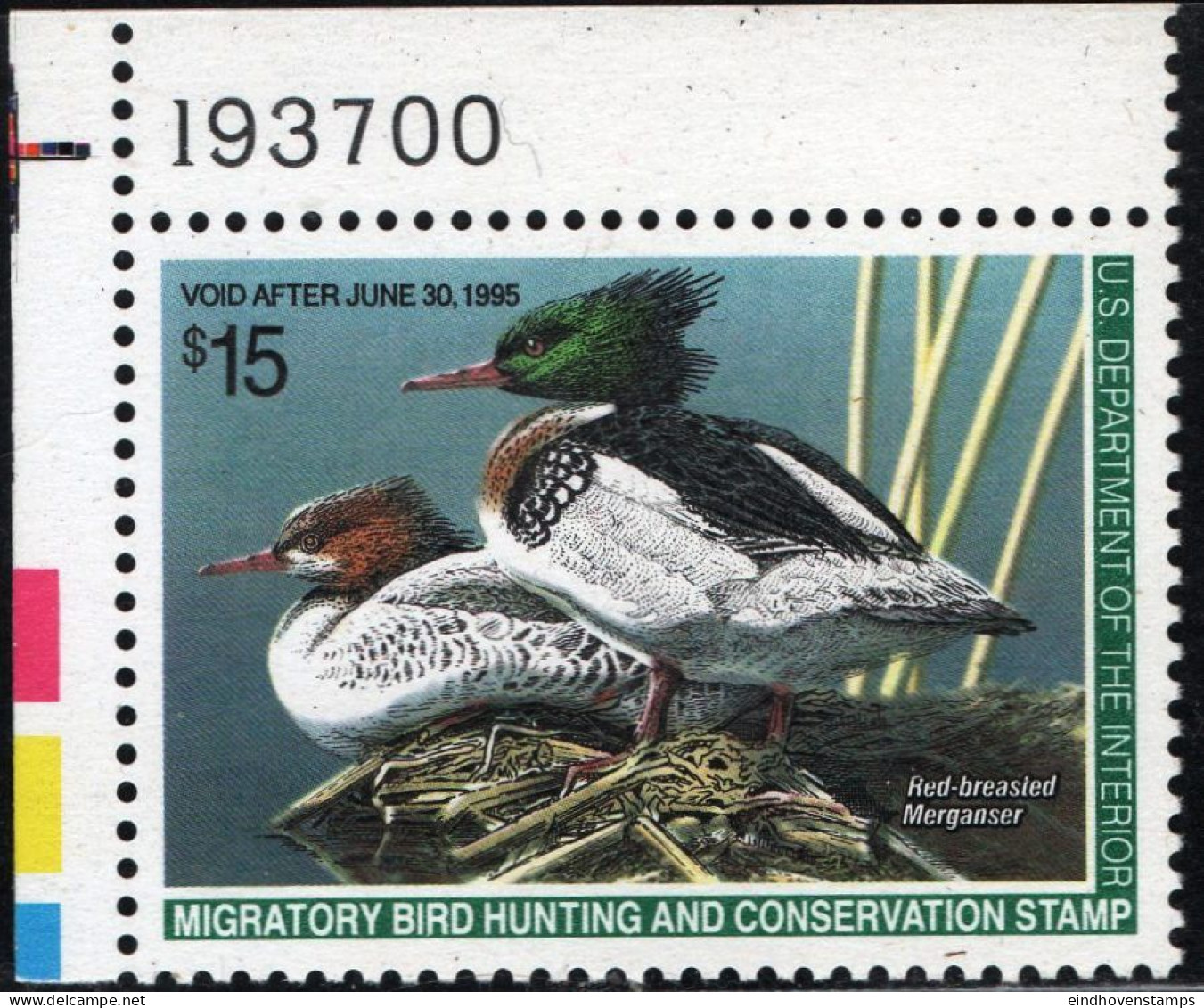 USA 1995 Migratory Bird Hunting And Conservation Stamp, MNH Merganser, Red Breasted Duck - Entenvögel