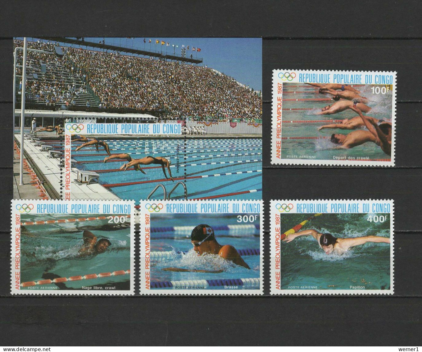Congo 1987 Olympic Games Seoul, Swimming Set Of 4 + S/s MNH - Summer 1988: Seoul