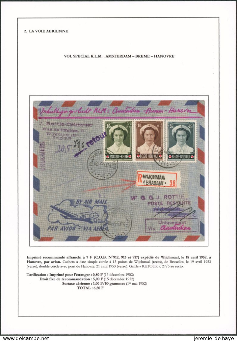 Croix-rouge - Affranch. Tricolore Sur L. En Recommandé Par Avion De Wijchmaal (1953) > Poste Restante Hanovre / KLM - Storia Postale