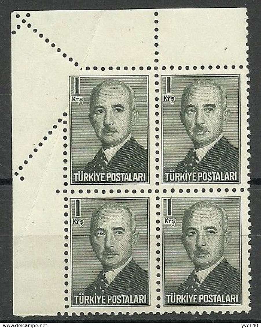 Turkey; 1948 London Printing Inonu Postage Stamp 1 K. ERROR "Perf. On Folded Paper" (Block Of 4) - Ongebruikt