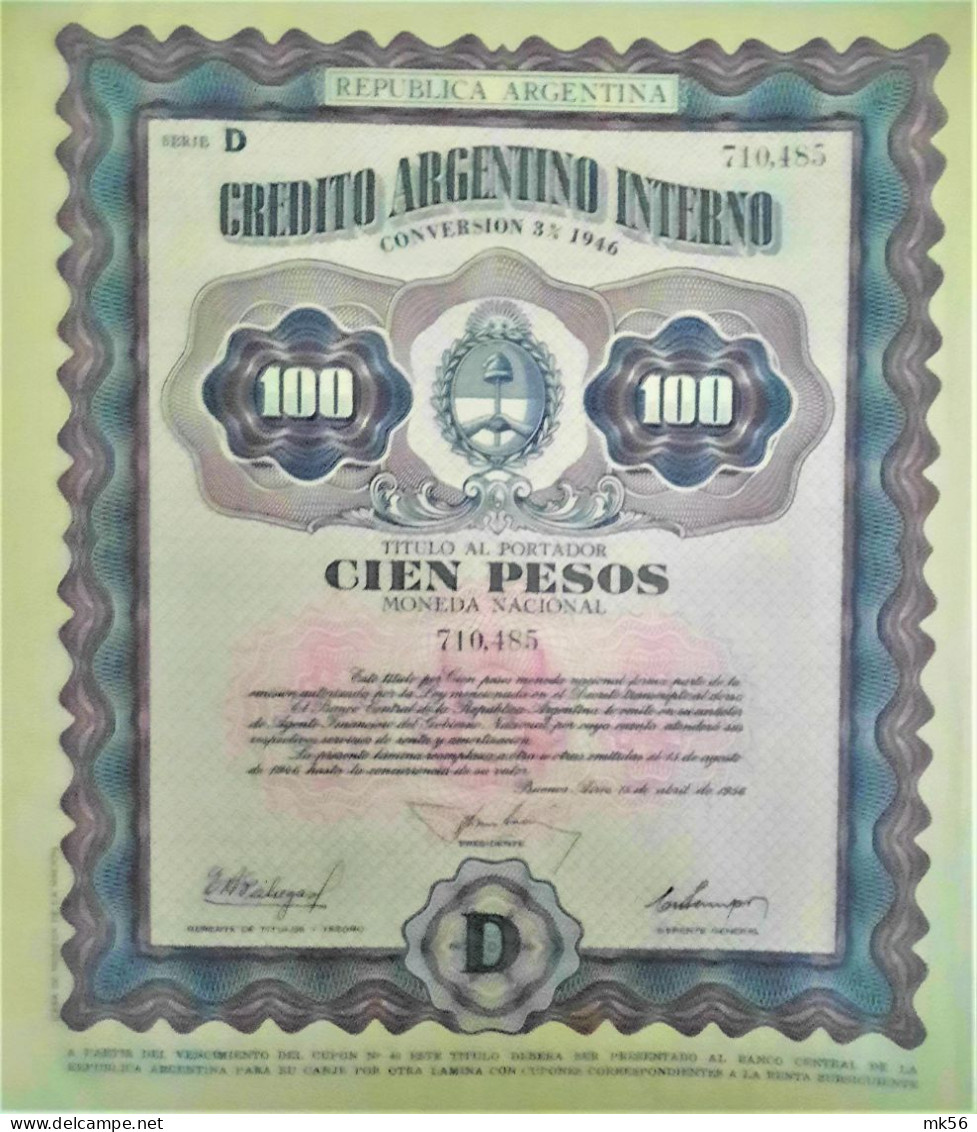 Credito Argentino Interno - Conversion 3% 1946 - Cien Pesos - Autres & Non Classés