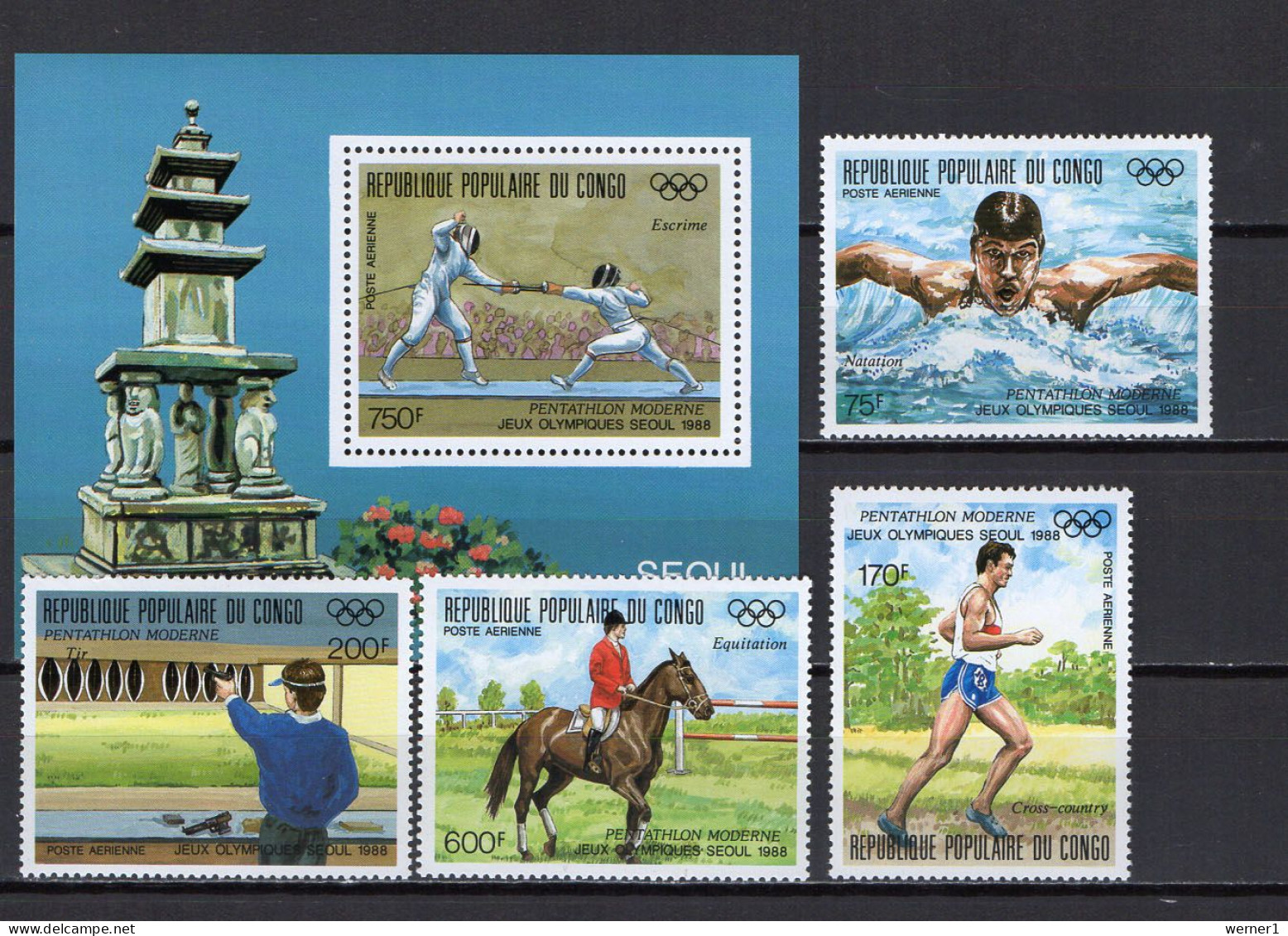 Congo 1988 Olympic Games Seoul, Fencing, Swimming, Equestrian Etc. Set Of 4 + S/s MNH - Ete 1988: Séoul
