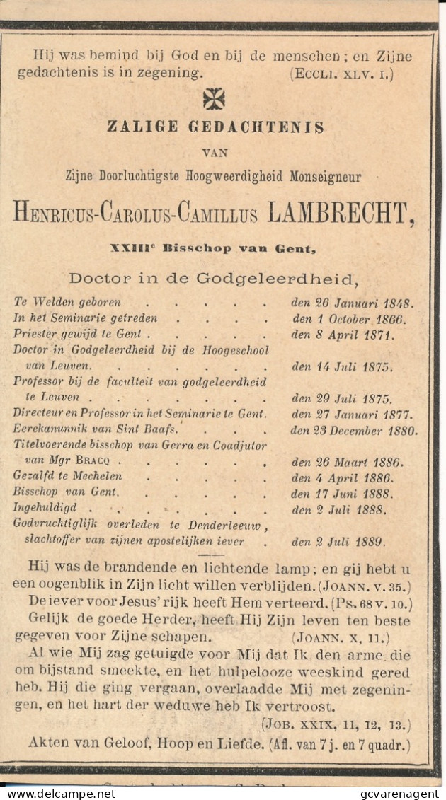 XXIIIe BISSCHOP VAN GENT - HENRICUS LAMBRECHT   WELDEN  1848    DENDERLEEUW   1889              ZIE AFBEELDINGEN - Avvisi Di Necrologio