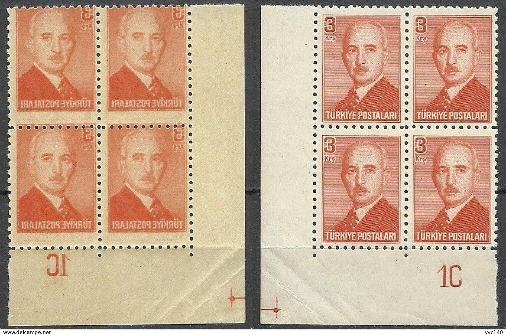 Turkey; 1948 London Printing Inonu Postage Stamp 3 K. "Abklatsch" ERROR (Block Of 4) - Nuovi