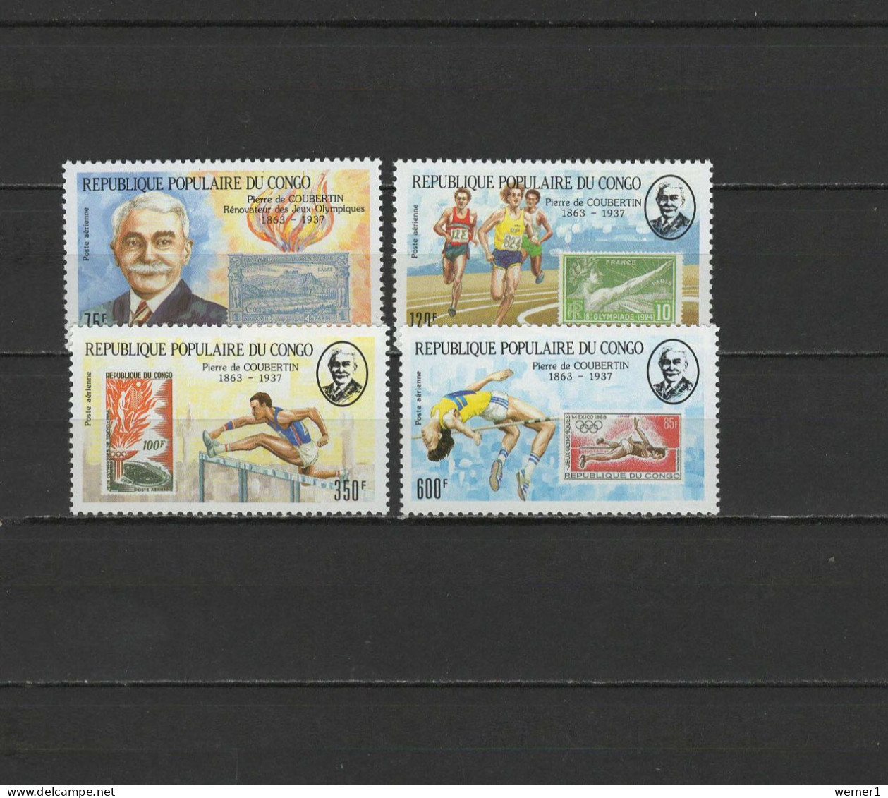 Congo 1987 Olympic Games, Pierre De Coubertin, Stamps On Stamps Set Of 4 MNH - Zomer 1988: Seoel