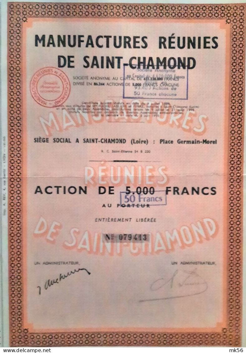 Manufactures Réunies De Saint-Chamond - 1958 - Action De 5000 Francs - Textiles