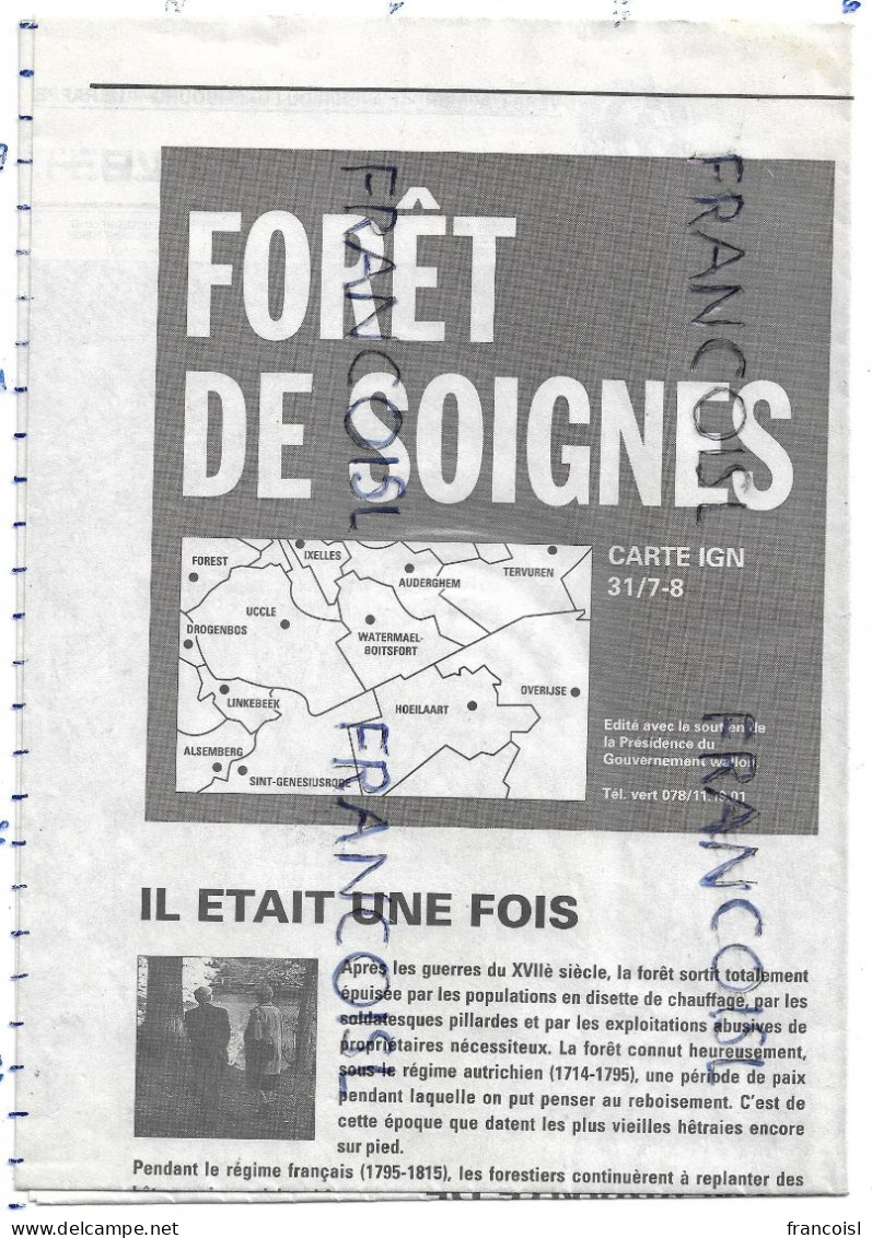 Forêt De Soignes (Belgique). Carte IGN 31/7-8. Verso Explicatif - Landkarten