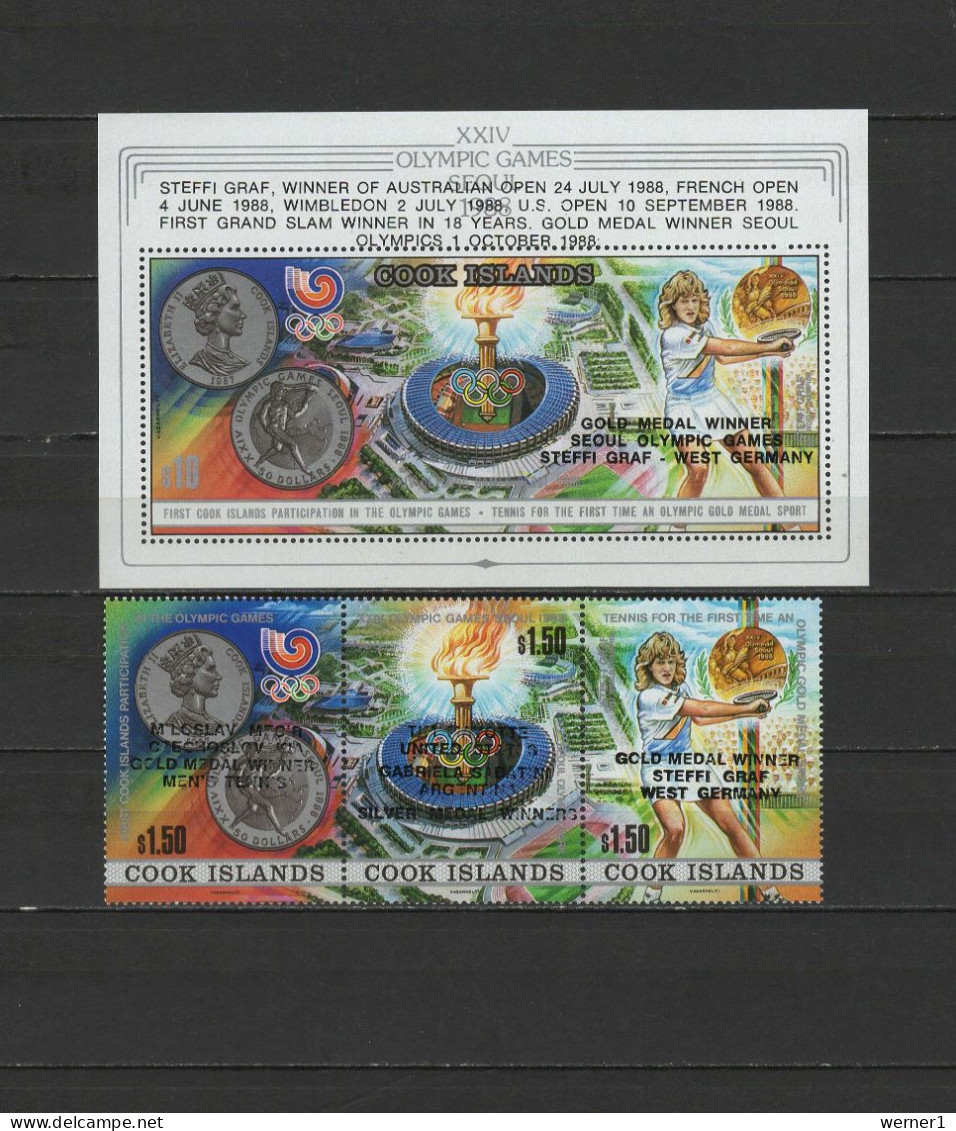 Cook Islands 1988 Olympic Games Seoul, Tennis, Steffi Graf Set Of 3 + S/s With Winners Overprint MNH - Summer 1988: Seoul