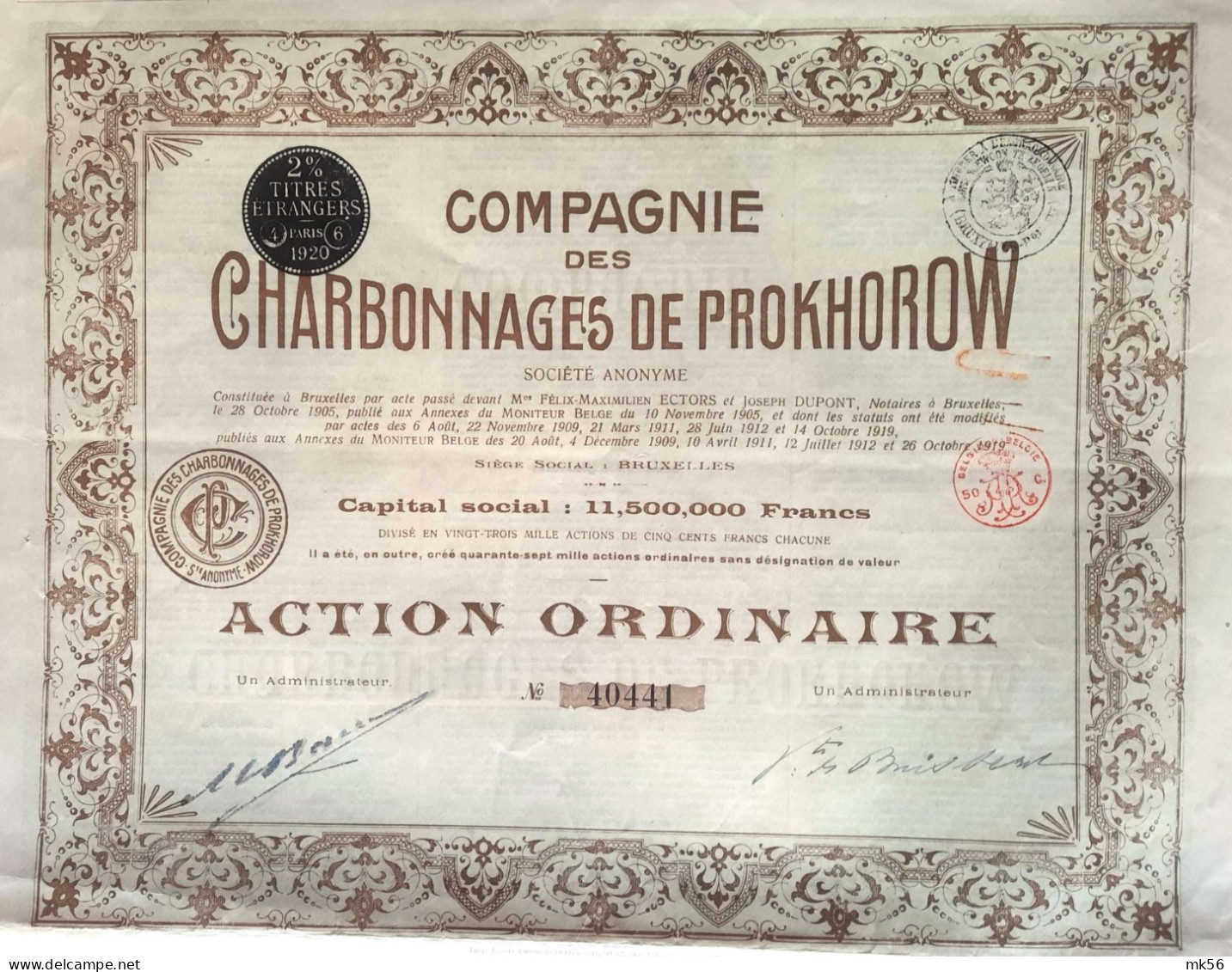 Compagnie Des Charbonnages De Prokhorow - Action Ordinaire (1919) - Miniere