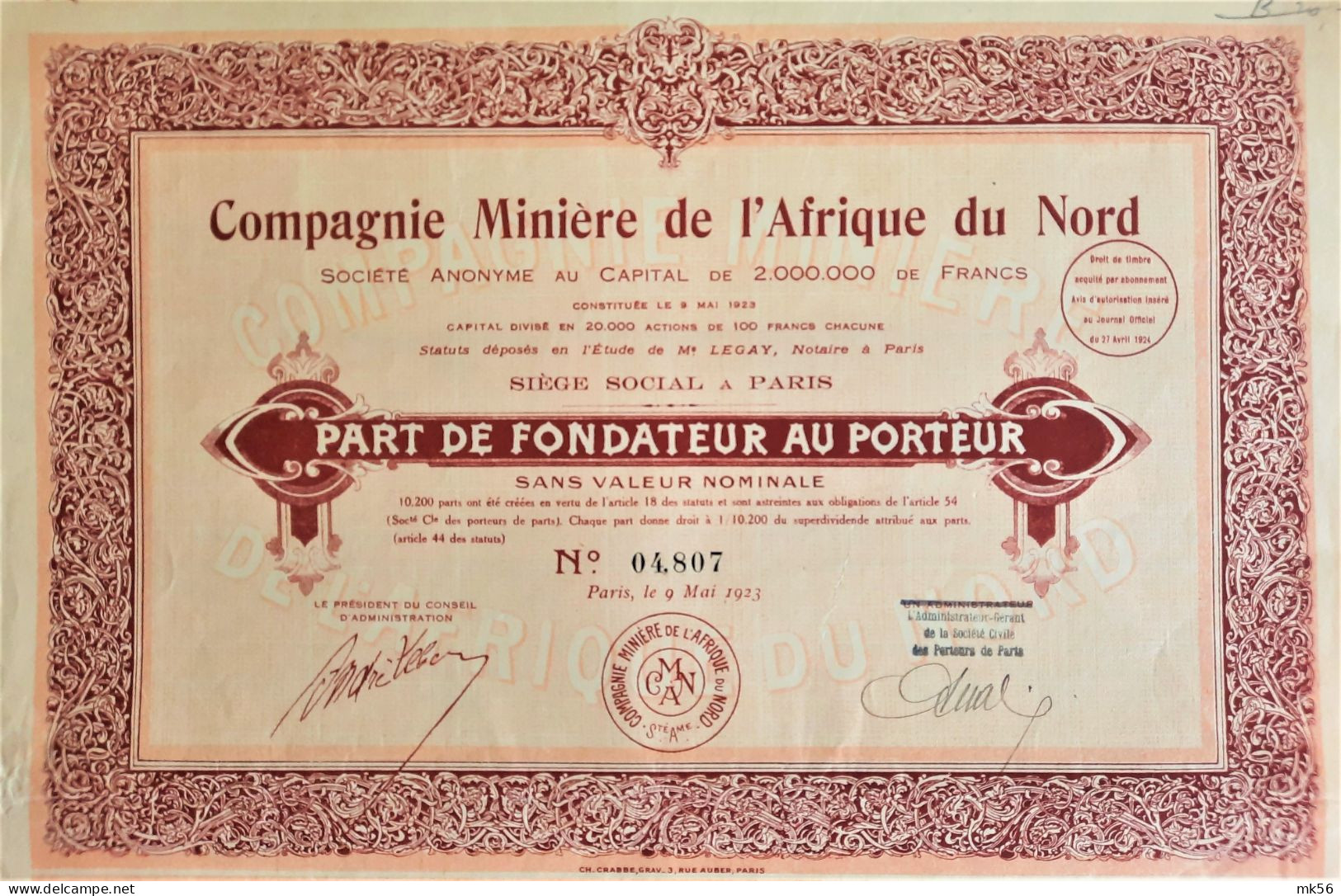 S.A. Cie Minière De L'Afrique Du Nord - Part De Fondateur  Au Porteur   1924 - Paris - Afrika