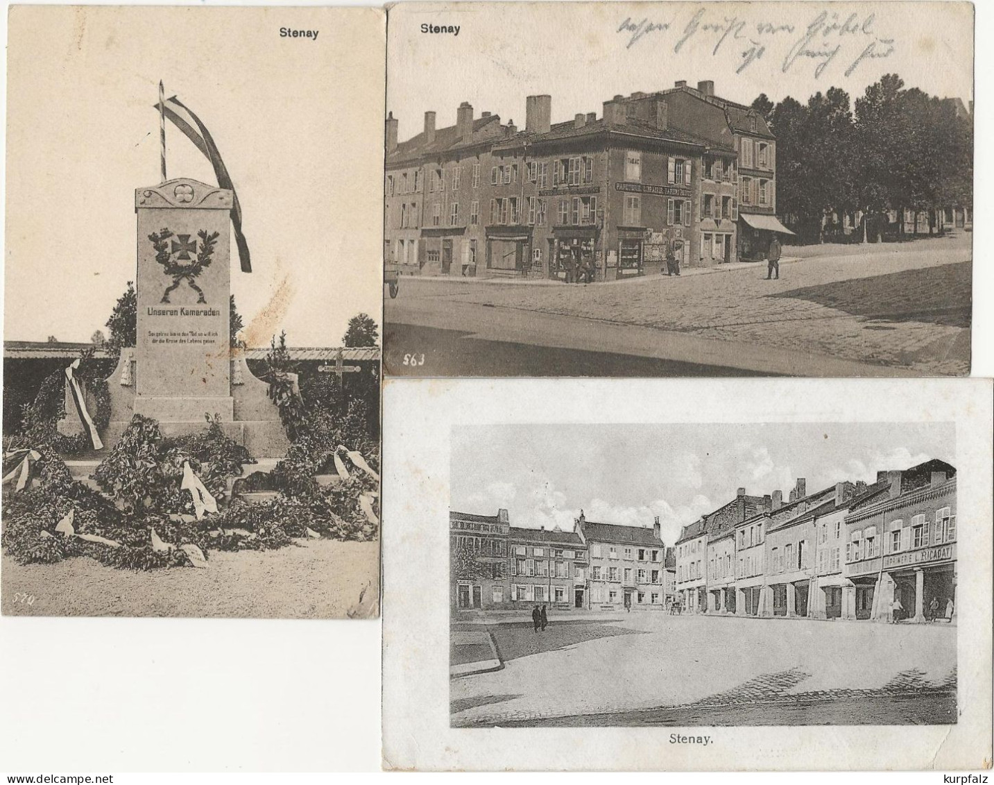 3 AK Stenay, Meuse (55) - Kriegerdenkmal + Papeterie Tabac + Marktplatz - Stenay