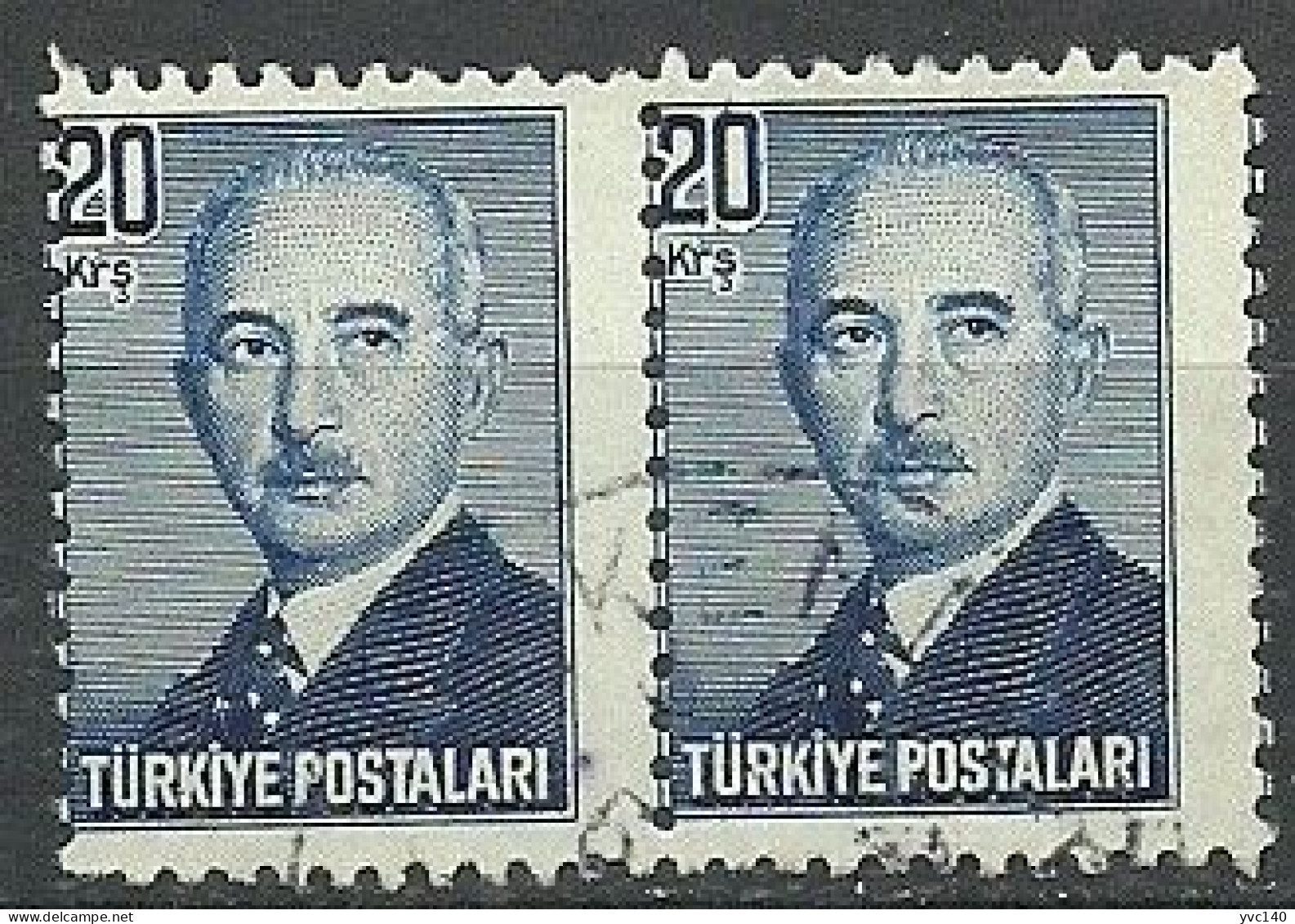 Turkey; 1948 London Printing Inonu Postage Stamp 20 K. "Misplaced Perf." ERROR - Usati