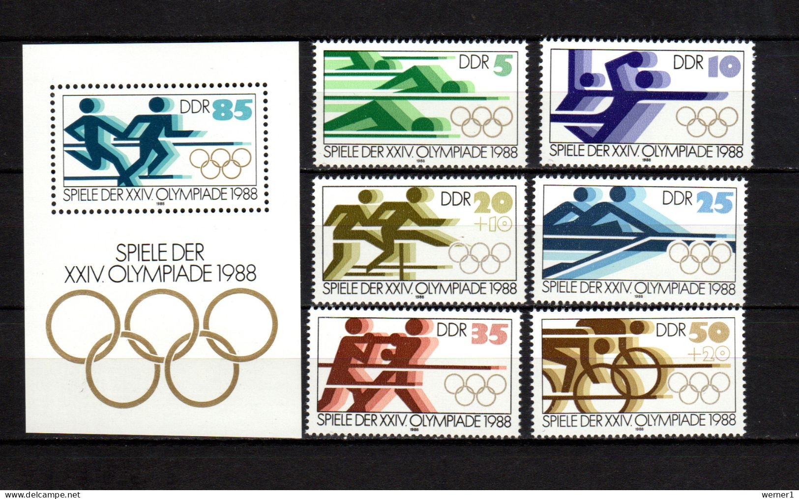 DDR 1988 Olympic Games Seoul, Swimming, Handball, Rowing, Cycling Etc. Set Of 6 + S/s MNH - Ete 1988: Séoul
