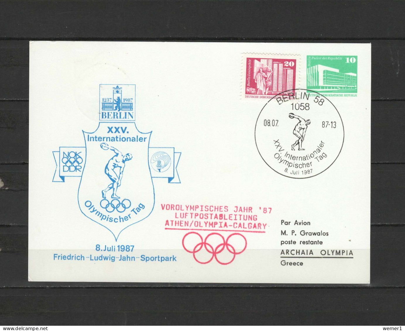 DDR 1987 Olympic Games Commemorative Postcard To Greece - Estate 1988: Seul