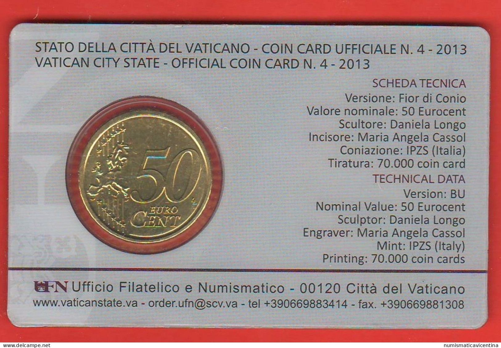 Vaticano 50 Centesimi 2013 Benedetto XVI° Coin Card N ° 4 Mint Roma 0,50 € Vatican City - Vatican