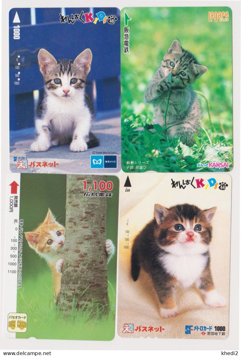 LOT De 4 Cartes JAPON - ANIMAL - CHAT - CAT JAPAN Prepaid Transport Ticket Cards Train Bus Metro - KATZE Karten - Chats
