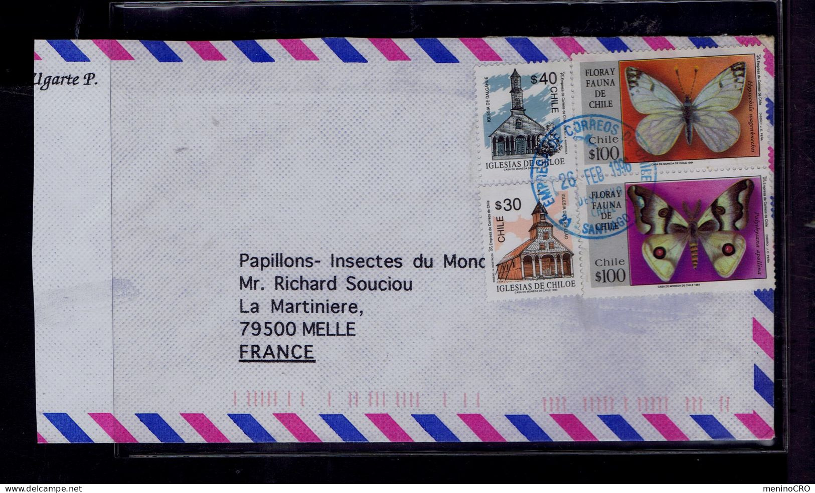 Gc8478 CHILE Papillons Butterflies Insectes Faune Animals èglises Churches Mailed 1996 Melle - Mariposas