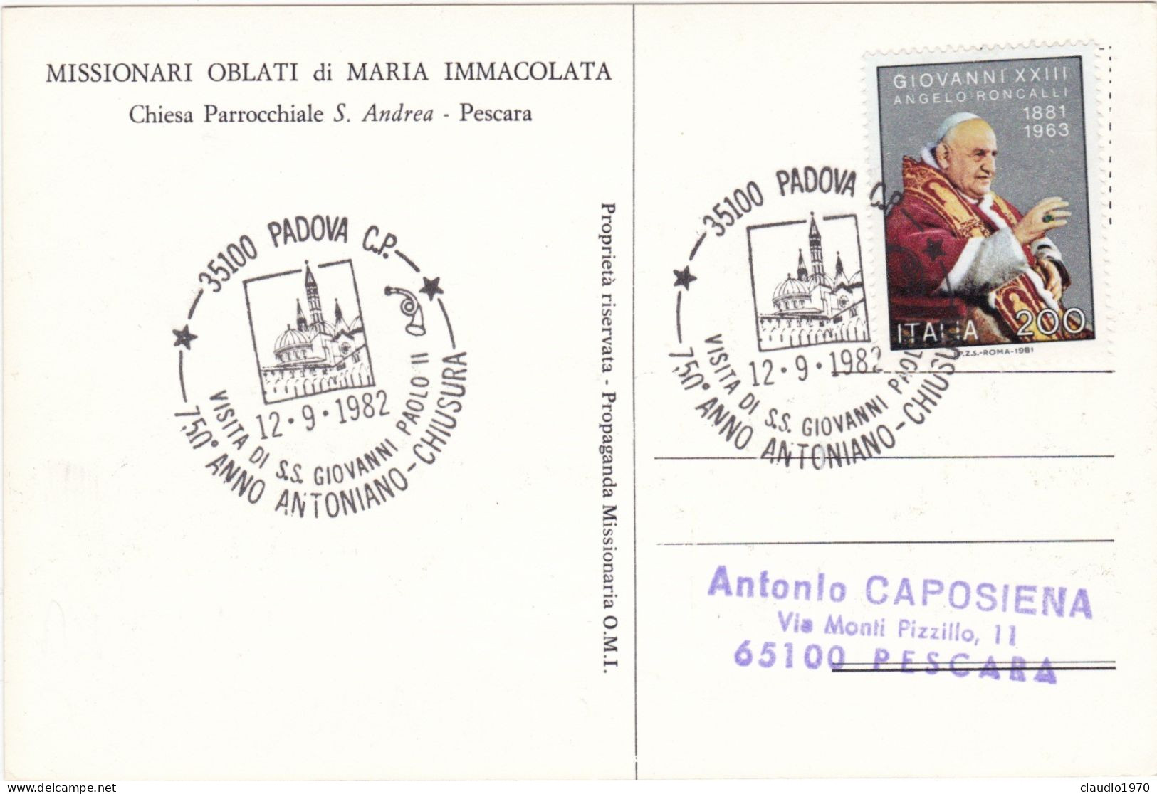 PESCARA - CARTOLINA - MISSIONARIO OBLATI DI MARIA IMMACOLATA - CHIESA PARROCCHIALE  S. ANDREA -1982 - Pescara