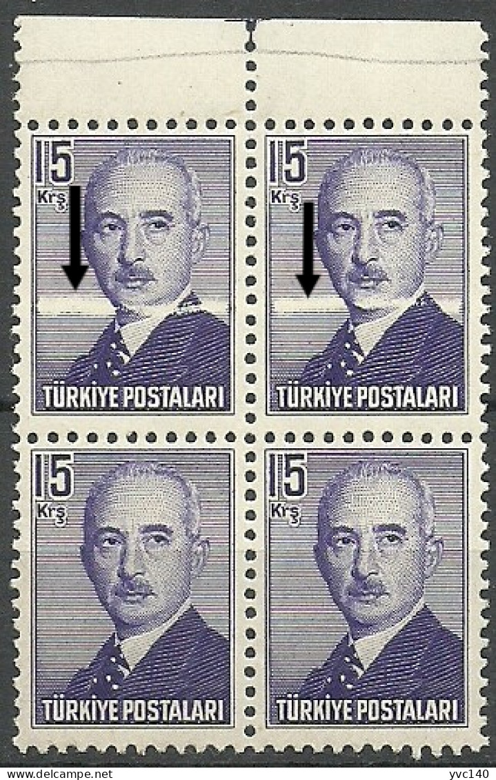 Turkey; 1948 London Printing Inonu Postage Stamp 15 K. "Printing Stain" Block Of 4 - Ongebruikt