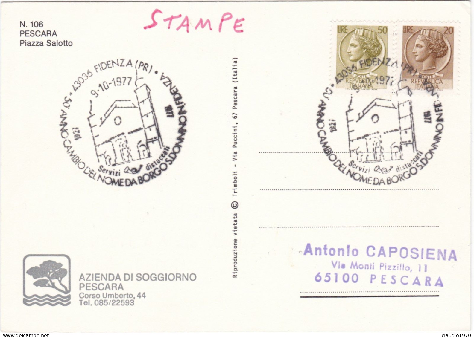 PESCARA - CARTOLINA - PIAZZA SALOTTO - ANNULLO DI FIDENZA (PR) -1977 - Pescara