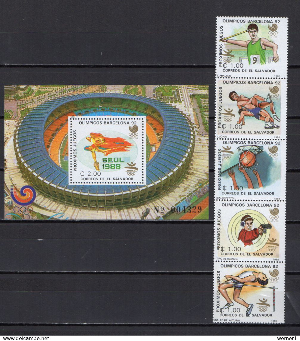 El Salvador 1988 Olympic Games Seoul, Wrestling, Basketball Etc. Strip Of 5 + S/s MNH - Summer 1988: Seoul