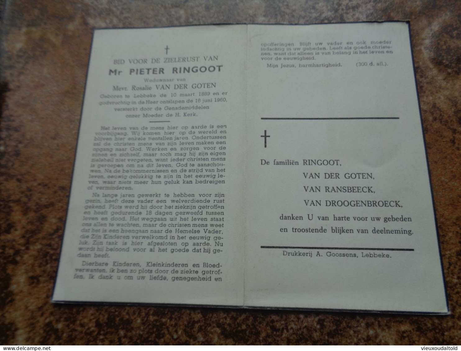 --Doodsprentje/Bidprentje  PIETER  RINGOOT   Lebbeke 1889-1960  (Wdr Rosalie VAN DER GOTEN) - Godsdienst & Esoterisme