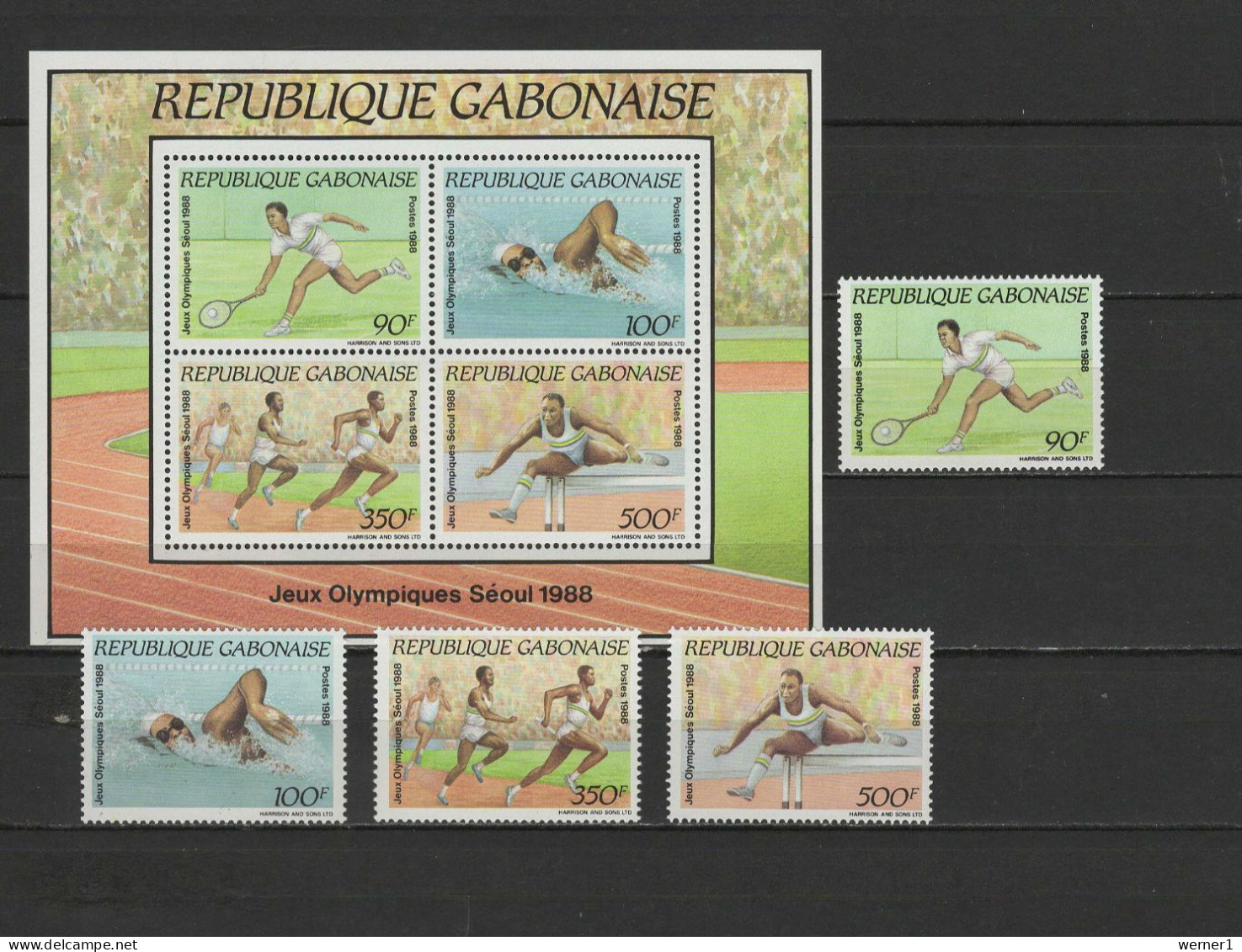 Gabon 1988 Olympic Games Seoul, Tennis, Swimming Etc. Set Of 4 + S/s MNH - Zomer 1988: Seoel