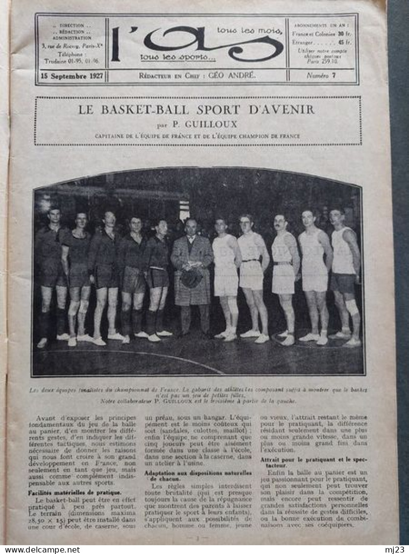 Revue L'As Septembre 1927 N°7 Tous Les Sports - 1900 - 1949