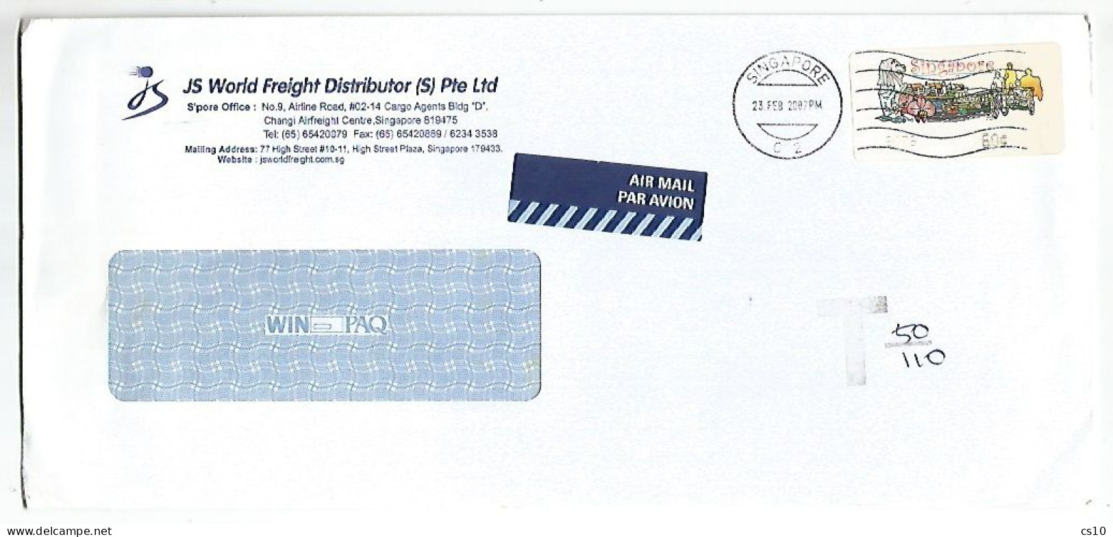 Singapore Airmail CV 23feb2007 With ATM Frama C.60 With Tax Markings 50/100 - Singapour (1959-...)